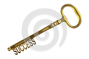3D rendering of a vintage golden key with success on white