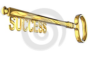 3D rendering of a vintage golden key with success on white