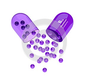 3d rendering vitamin B12 pill with granules over white photo