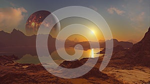 3D rendering of Volcano Planet above alien world