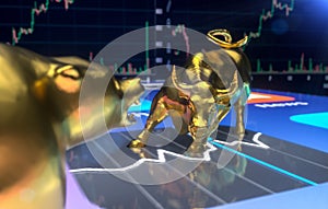 3D rendering of Wallstreet bull and bear on stock chart background - stock exchange concept photo