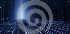 Warp speed in hyper loop with blur light from buildings` lights in mega city at night