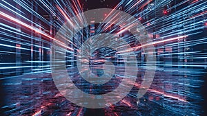 Warp speed in hyper loop with blur light from buildings` lights in mega city at night.