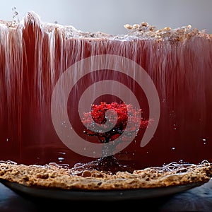 3D rendering of the water house on desert red tree magical fantasy artisitic epic photo