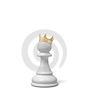 3d rendering of a white chess pawn piece with a golden crown sitting on top of it.