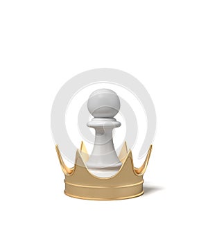 3d rendering of a white chess pawn standing inside a giant golden crown on a white background.