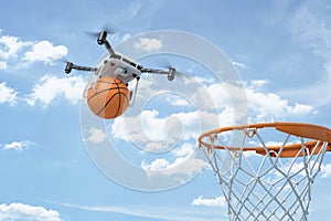 3d rendering of white drone carrying orange basketball ball with hoop on blue sky background