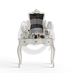 3D rendering of a white makeup vanity table with mirror and lamp