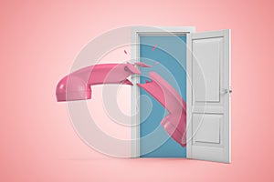 3d rendering of a white open doorway with broken pink retro telephone receiver on light pink background