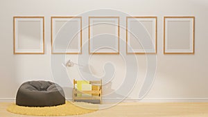 3D rendering, white reading corner interior design with mock-up frames on the wall, grey pouf, carpet and books shelf