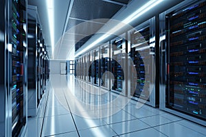3D rendering of a white server room with computer storage systems