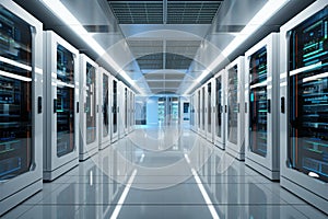 3D rendering of a white server room with computer storage systems