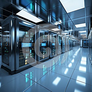 3D rendering of a white server room with computer storage systems