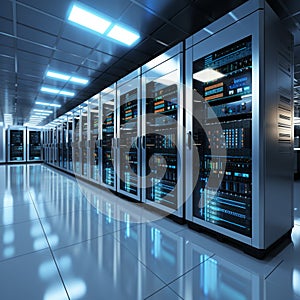 3D rendering of a white server room with computer storage systems