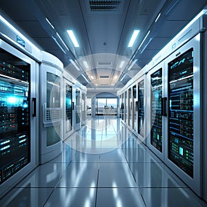 3D rendering of a white server room with computer storage systems