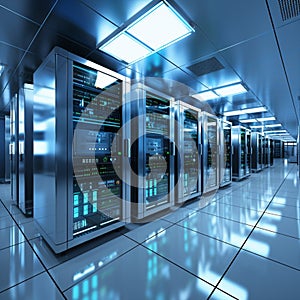 3D rendering of a white server room with computer storage systems