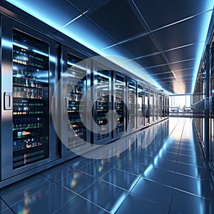 3D rendering of a white server room with computer storage systems