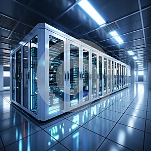 3D rendering of a white server room with computer storage systems
