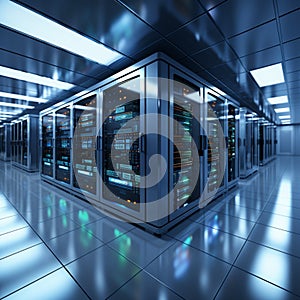 3D rendering of a white server room with computer storage systems