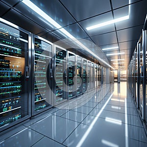3D rendering of a white server room with computer storage systems