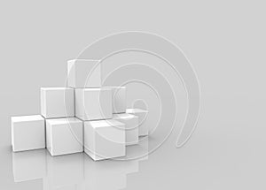 3d rendering. white square cube boxes stack on gray background.