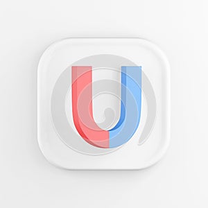 3D rendering of a white square icon button. Horseshoe magnet blue and red isolated on white background