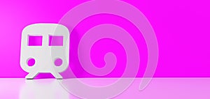 3D rendering of white symbol of train icon leaning on color wall with floor reflection with empty space on right side
