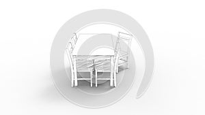 3d rendering of a white table and chairs isolated in white studio background