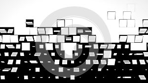 3D rendering of a white wall fragmentation into cubes isolated on a black background. Geometric pattern of crushing and