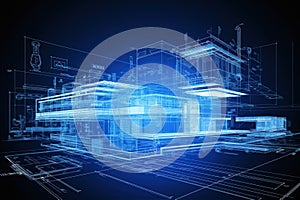 3D rendering wireframe model of building on blue background. Technology concept. Generative AI