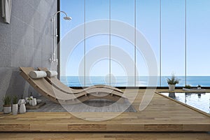 3d rendering wood bed bench near pool and sea view from window