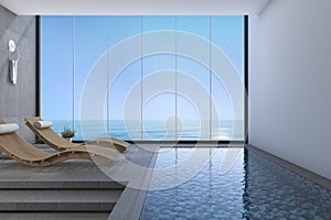 3d rendering wood bed bench near pool and sea view from window with modern