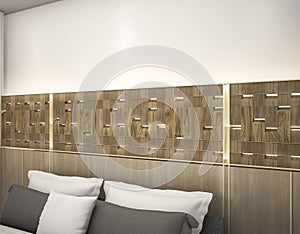 3d rendering wood wall above bed with led light photo
