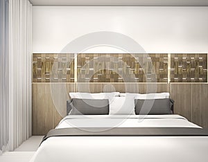 3d rendering wood wall design with led light bedroom