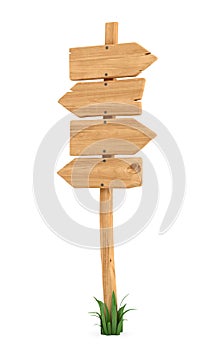 3d rendering of a wooden pole with some grass on it`s base and four blank arrows on the top.