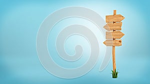 3d rendering of a wooden pole with some grass on it`s base and four blank arrows on the top.