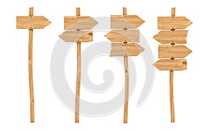 3d rendering of a wooden signpost set with one, two, three and four directional arrows attached.