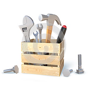 3D Rendering Wooden Toolbox With Tools Isolated On White Background, PNG File Add - Transparent Background