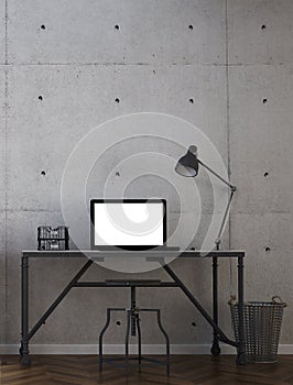 3D rendering of work station and work from home interior space design and concrete wall background
