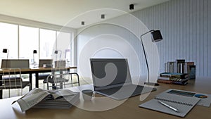 3d rendering of working table with depth of field photo