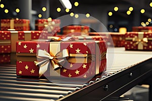 3D rendering of an Xmas gift box on a conveyor roller