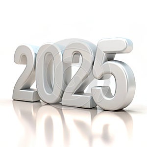 3D rendering of the year 2025 in silver. white background