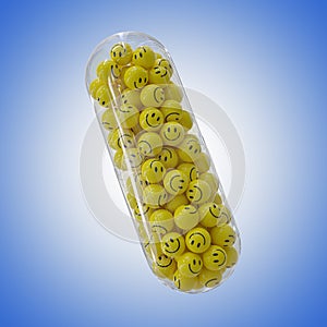 3d Rendering of yellow balls with smile in capsule - Happy Pills Concept - 3D Illustration