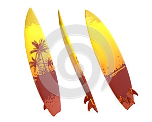 3D Rendering Yellow And Brown Surfboard With Palm Trees Isolated On White Background, PNG File Add - Transparent Background