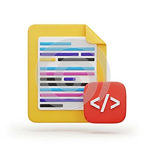 3D Rendering of a Yellow Document with Code Symbol Icon on White Background coding programming