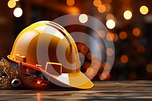 3d rendering of yellow hard hat on bokeh background