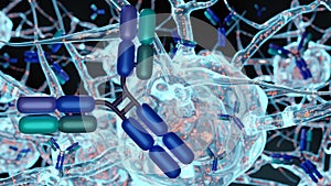 3D renderings of antibody molecules and brain cells photo