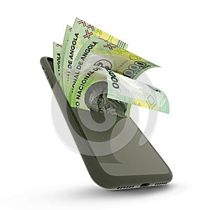 3D rending of Angolan Kwanza notes inside a mobile phone