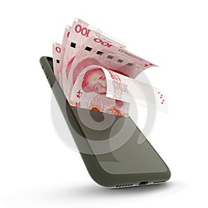 3D rending of Chinese Yuan notes inside a mobile phone photo