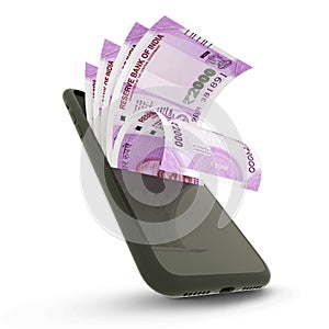 3D rending of Indian rupee notes inside a mobile phone photo